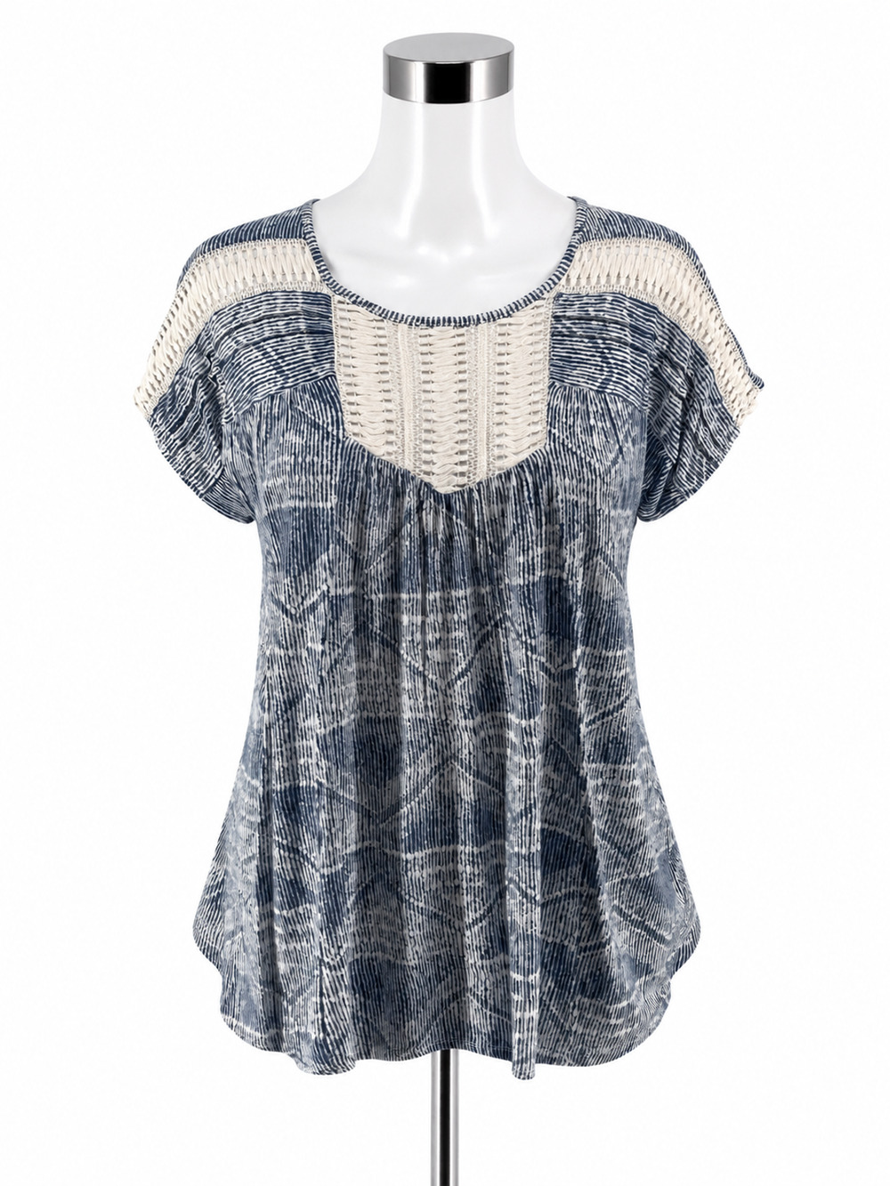 THML Blue & White Crochet Yoke Abstract Print Top | Size Small